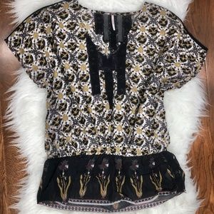 Free People Navy Sheer Drop Waist Floral Blouse S